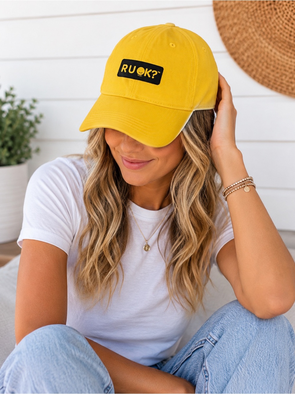 R U OK? Yellow Embroidered Baseball Cap Adjustable Mental Health Awareness